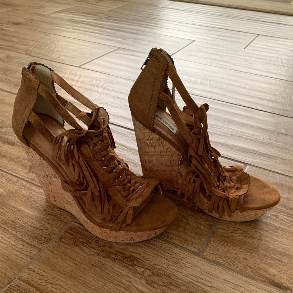 Not Rated - Cognac suede fringe wedges - Size 8.5